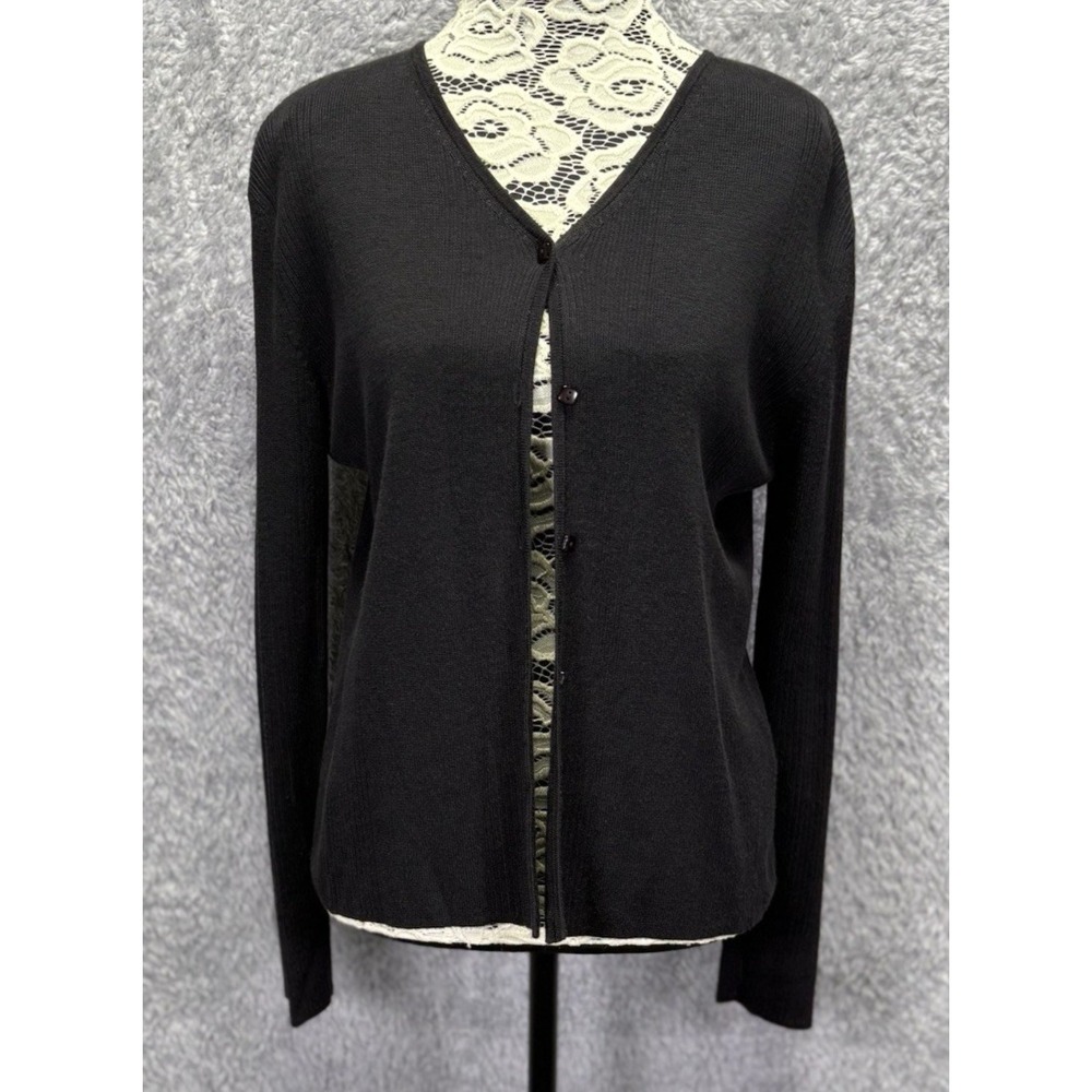 LOULOU Womens Medium Black V-Neck Cardigan Sweater Ribbed Buttons Classic Preppy